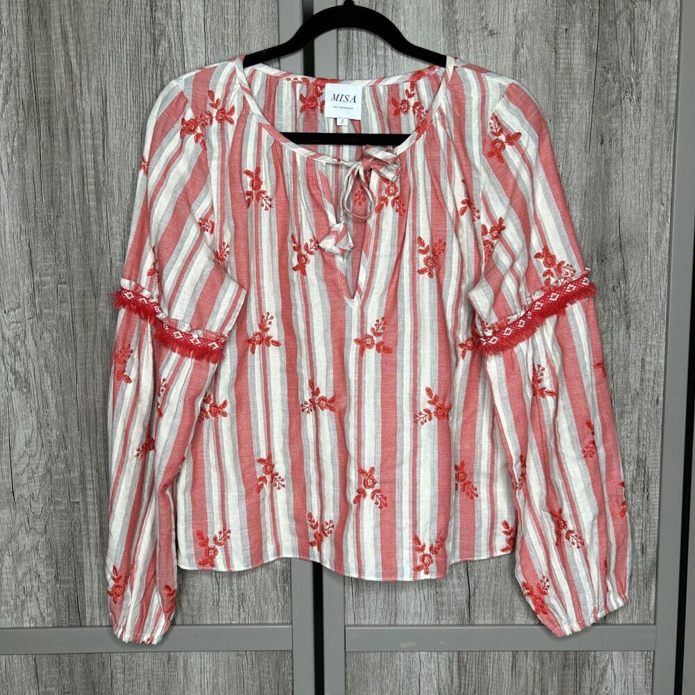 MISA Los Angeles Top Blouse Cotton Embroidered Peasant Floral Red Size S